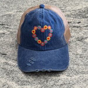 New Custom Designed Blue & Tan Mesh Trucker Hat with Embroidered Heart Flowers
